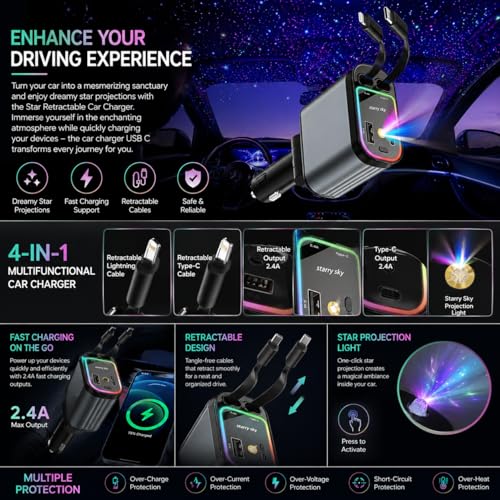 Image of 120W Retractable 4 in 1 Car Charger, Starlight Projection in Car Roof, Type C + iOS Retractable Car Phone Charger Compatible with Smart Phone