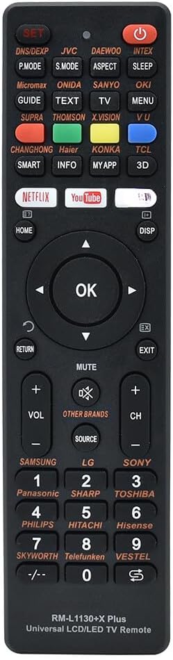 Front view of the universal TV remote control showing all buttons.
