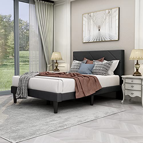 Zoophyter Upholstered Platform Bed Frame with Headboard, Mattress Foundation/Wood Slat Support/No Box Spring Needed/Easy Assembly,Dark Grey,Queen