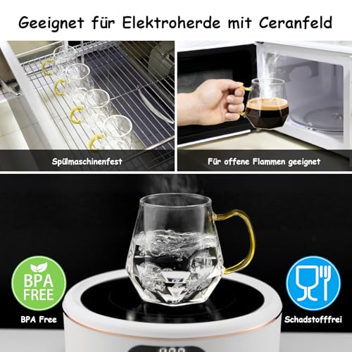 ANZHAN Kaffeegläser 300ml 2er Set aus Borosilikatglas-Hitzebeständig mit Henkel Diamant-Design, ideal für Latte Macchiato, Espresso… – Ansicht 2