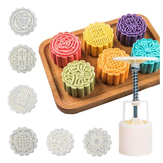 Moon Cake Mold 6 PCS, Mid Autumn Festival DIY Hand Press Cookie Stamps Pastry Tool Moon Cake Maker, Flower Mode Patterns 1 Mold 6 Stamps 50g (White).