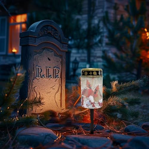 Image of Christmas Cemetery Solar Lights Water Resistant LED Flameless Candle Cardinal Bird Grave Lights Solar Powered Grave Christmas Decorations Light for Prayer 2 Pcs