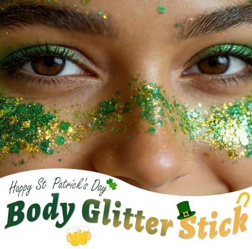 St Patricks Day Body Glitter Stick, Waterproof Halloween Face Glitter Gel, Chunky Glitter Face Paint, Orange Purple Black Sequin Hair Glitter Makeup for Women and Kid (Green) - Thumbnail 2