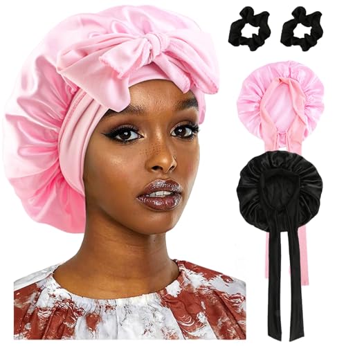 2 Piezas Gorro de Saten, Gorro de Seda para Dormir con 2 Coletero, Gorro Saten Pelo Rizado con Banda Ancha Elástica (Negro,Rosa)
