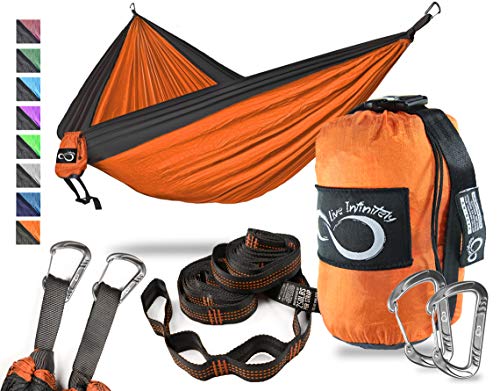 Double Camping Hammock- Best Lightweight & Portable Two Person Hammock Set –Aluminum Wiregate Carabiners, 2- 16 Loop Tree Straps & Compression Strap- Holds 500 LBS -Ideal for Travel- Orange Middle