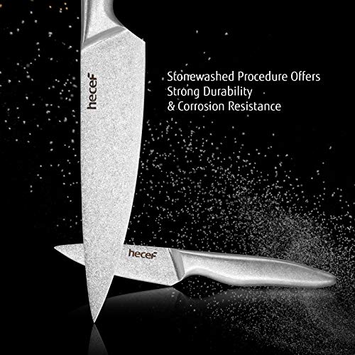 Hecef Vintage Style Kitchen Knife Sets,Scratch Resistant Camping Matte Knives With 5 Slots Recycled Oxford Cloth Knife Roll Bag & Covers,Stonewashed High Carbon Stainless Steel Blades & Hollow Handle #TOP1