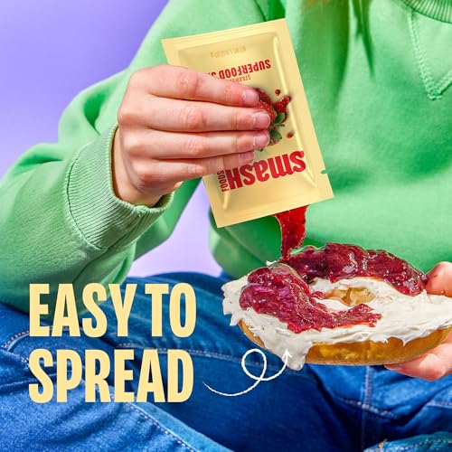 Image of Smash Foods Strawberry Jam Squeeze Packets | 10 Single Serve | Natural, Keto & No Sugar Added | Vegan & Upcycled Fruit Spread | Low-Calorie, Superfood Snack