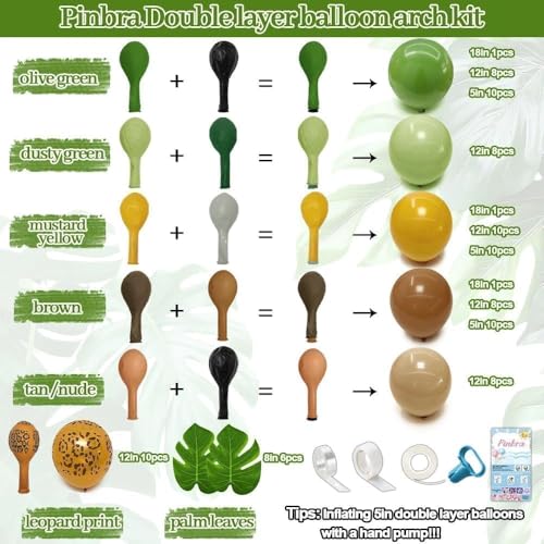 Image of Jungle Safari Balloons Arch Garland Kit, Sage Green Brown Yellow Animal Print Balloons Palm Leaves for Wild One Safari Baby Shower Tropical Woodland Birthday Party Decorations