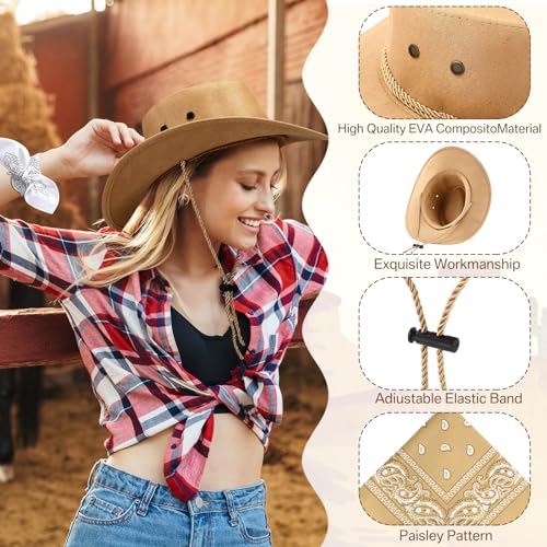 Image of Zhanmai 12 Pcs Cowboy Hat and Bandana Cowboy Cowgirl Hats Bulk Western Party Costume Halloween Accessory