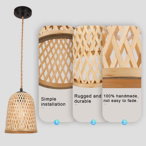 Bamboo Pendant Light Fixture, Natural Material Domed Shape Bamboo Chandelier, 1 Pack Farmhouse Interior Flush Mount Ceiling Chandelier For Dining Room Kitchen Island Bedroom Foyer Hallway #TOP1