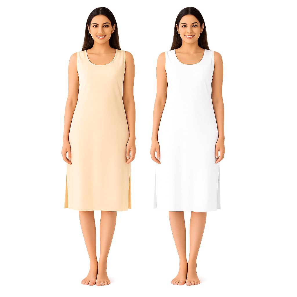 Women's Cotton Long Camisole Inner Slip Full Length Underslip for Kurti & Dresses Sleeveless Petticoat Innerwear Side Slit Pack of 2-picture-20