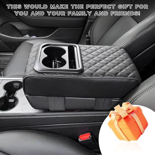 Image of Car Center Console Armrest Cushion with Drink Holder and Phone Holder, Memory Foam, Waterproof Leather, Diamond Pattern, Universal Fit, 35.56cm x 21.08cm