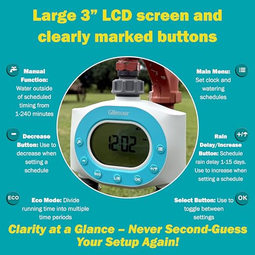 Minuteur d'eau programmable Gilmour avec écran LCD et retard de pluie