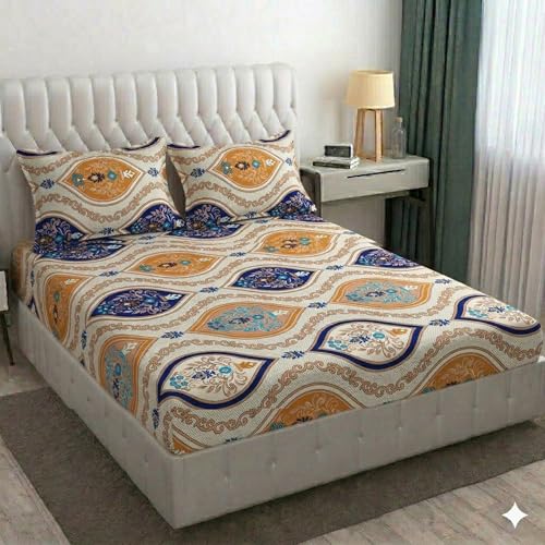 Image of Cotton Bolls Textiles Glace Cotton Flat Bedsheet 90x90 Inch with 2 Pillow Covers - Soft Breathable Glace Cotton, Printed Bedding Set for Double Bed