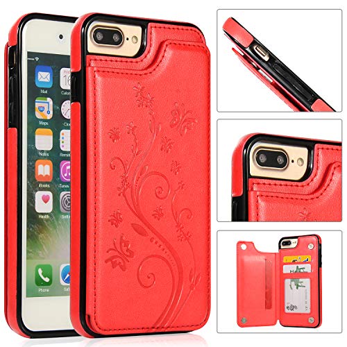 QFUN Back Wallet Case for iphone 7 Plus/8 Plus with Stand, Elegant Embossed Design [Butterfly Flower] Lightweight Slim Fit Leather Phone Case with Card Holder Protective Bumper Flip Cover - Red