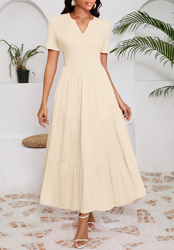 Image of MarryUP Women 2025 Casual Loose Maxi Dress with Pockets V Neck Short Sleeve Tiered Long Summer Beach Swing Dresses