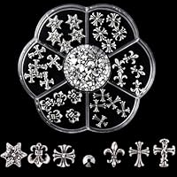 Canollo 7 Typen 230 Stück Nail Charms Silber, Verchromtes Metall, 3D Silberner Charms Nägel mit Kreuz, Chrome Hearts, Gothic-Retro-Punk Nagelschmuck, Nagel Steine, Silver Strasssteine, für Nageldesign