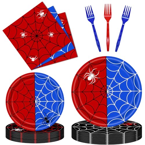 96 Pieces Spiderweb Plates and Napkins Halloween Party Supplies, Red Blue Black Spider Disposable Tableware with Paper Plates, Napkins, and Forks for Halloween Party Favors, Birthday Decor - Serves 24