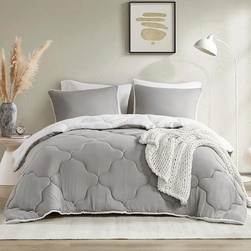 Image of Comfort Spaces Queen Comforter Set, Chic Reversible Quatrefoil Quilting, Sherpa Comforters Queen, All Seasons, Lightweight Microfiber Bedding Set Matching Sham, Vixie, Full /Queen Grey /White 3 Piece