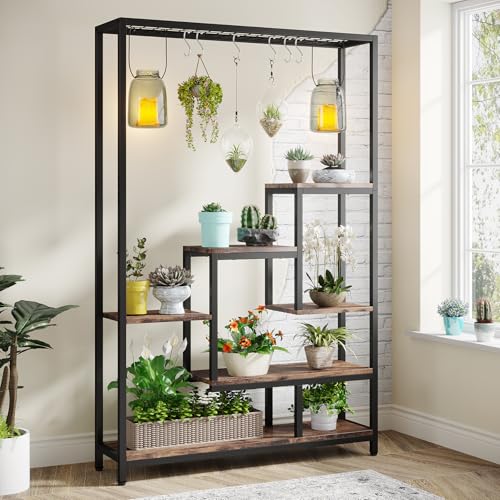 Tribesigns 5-Tier Tall Indoor Plant Stand, 70.9 inches Large Metal Plant Shelf with 6PC S Hanging...