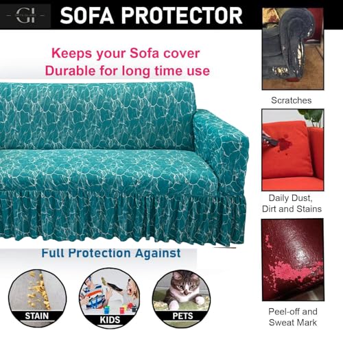 Image of Gifts Island Sofa Cover Set Marble Design 5 Seater Fully Covered Universal Polycotton Spandex with 360 Frill Non-Slip Sticky Elastic Stretchable Sofa Slipcover for Livingroom (Teal Marble)
