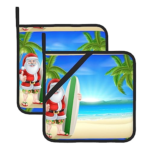 2 Pcs Pot Holders Santa Claus With The Beach And Surfboard Printed Square Pot Holders With Durable Heat Resistant For Bbq, Baking #TOP18