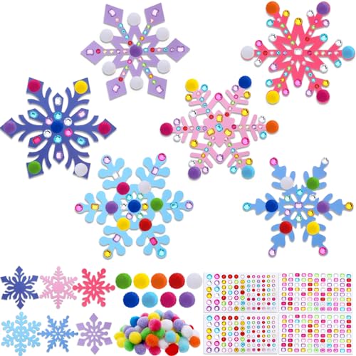 Jetec 30 Sets Snowflake Craft Kit Winter Craft Christmas Diamond Art Winter Ornaments Make Your Own Snowflake Gem Sticker Pompoms Kits Christmas Party Favor Fun Home Activities
