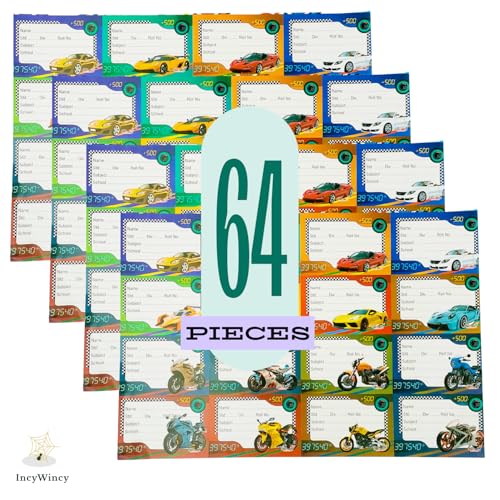 Image of Name Stickers for Notebooks & Books - Pack of 64 Durable Labels | School Stationery Essentials | Name Slips & Book Labels (Cars & Bikes)