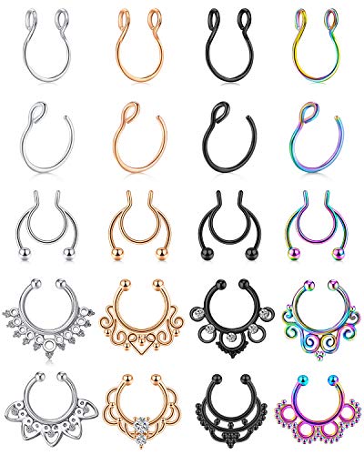 Zolure 20pcs Fake Nose Rings Hoop Stainless Steel Faux Fake Lip Ear Nose Septum Ring Non-Pierced Piercing Jewelry for Women Men Clip On Nose Hoop Rings