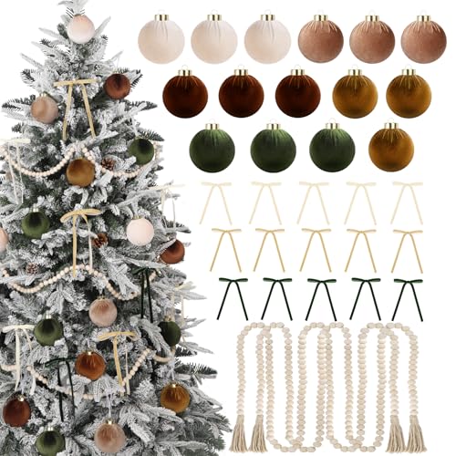 33 Pcs Velvet Christmas Ornaments Set, 15 Pcs 3.15 inch Shatterproof Flocked Neutral Christmas Ornaments Tree Balls Decorations, 15 Pcs Bows and 3 Pcs Garland for Home Hanging Velvet Xmas Decor