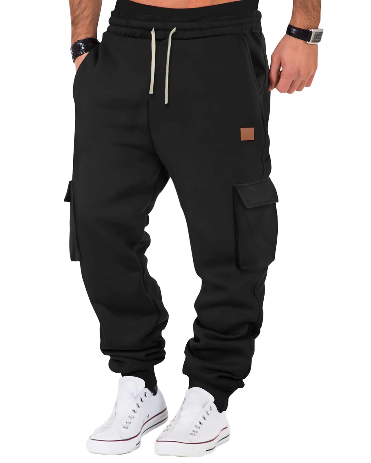 A WATERWANG Mens Fleece Cargo Sweatpants Casual Cotton Tapered Drawstring Athletic Workout Joggers Sweat Pants with Pockets