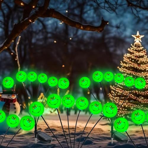 Lushangshou Upgraded Grinch Christmas Decorations Solar Garden Stake Lights Outdoor, 2Pack 12LED Swaying Firefly Lights Waterproof Solar Grinchmas Christmas Pathway Lights for Outside Patio Yard Decor