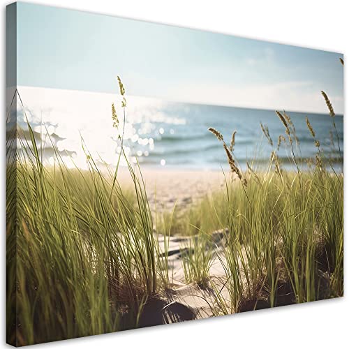 Feeby Bilder Strand Sonne Meer 90x60 cm 1 tlg Modern Leinwandbilder Bild auf Leinwand Kunstdruck Wand Bild Wanddeko Design Schlafzimmer Büro Flur Hotel Spa Wohnzimmer Himmel Gras Grün