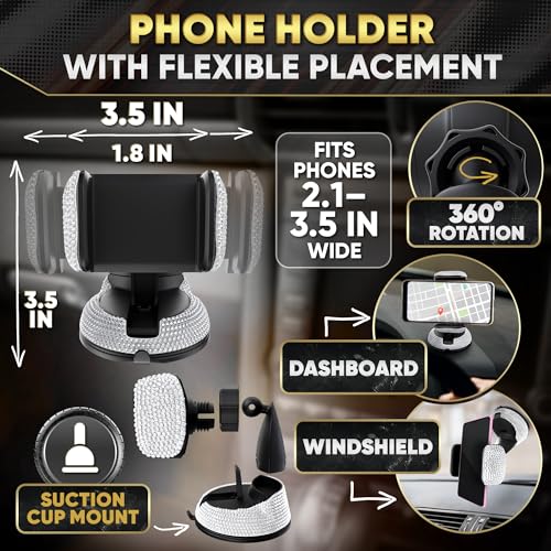Image of Bling Car Accessories Set 27 Pieces - 14,5-15 inch Silver Steering Wheel Cover, Diamond License Plate Frame, Rhinestone Interior Car Decor, Cup Holders, Hooks, Great Gift for Auto Lovers