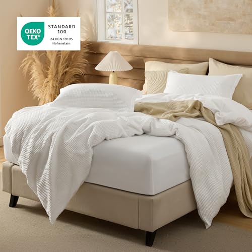 Image of Bedsure 100% Cotton Waffle Duvet Cover Set with Fitted Sheet, Queen, White | Waffle Texture, Breathable, Skin-Friendly, OEKO-TEX Certified, Good Housekeeping Seal, All-Season, Machine Washable