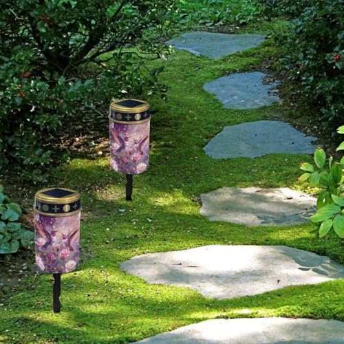 Image of Hummingbird Purple Rose Cemetery Solar Lights Water Resistant LED Flameless Candle Grave Lights Solar Powered Grave Decor Light for Prayer 2 Pcs