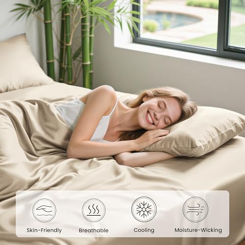 Image of Love's cabin 4 Piece Full Size Sheet Set, 100% Rayon Derived from Bamboo, Cooling & Breathable, Soft Silky Deep Pocket up to 16 inch, Hotel Luxury Bedding for Hot Sleepers, Dark Beige