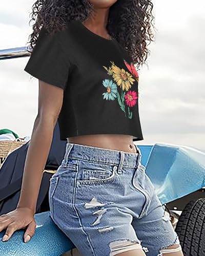 Image of Womens Summer Crop Tops Short Sleeve Round Neck T-Shirts Loose Fit Casual Blouse 2026
