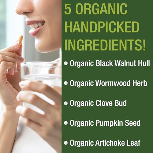 Image of USDA Organic Wormwood Black Walnut Clove Cleanse for Humans. Elimination Detox + Intestinal Support Capsules Supplement for Adults and Kids. Pills with Artichoke and Pumpkin Seed for Added Benefits