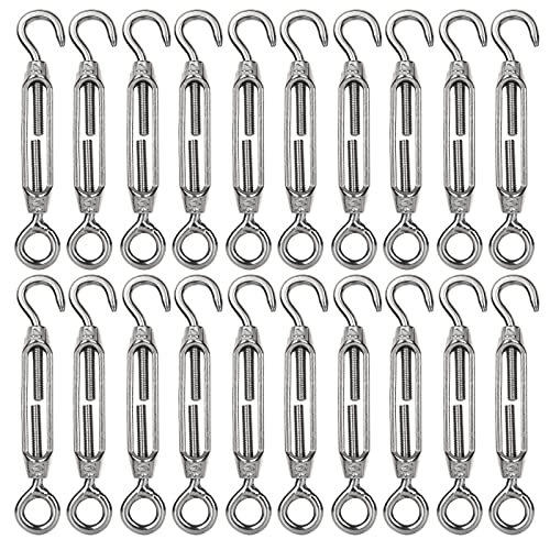 AHUNTTER 20PCS Turnbuckle Wire Tensioner M4 Heavy Duty 304 Hook & Eye Rope Cable Tension Set Adjustable Garden Wire Tensioner Kit for Clothesline Railing Decking Plants Fence - Silver