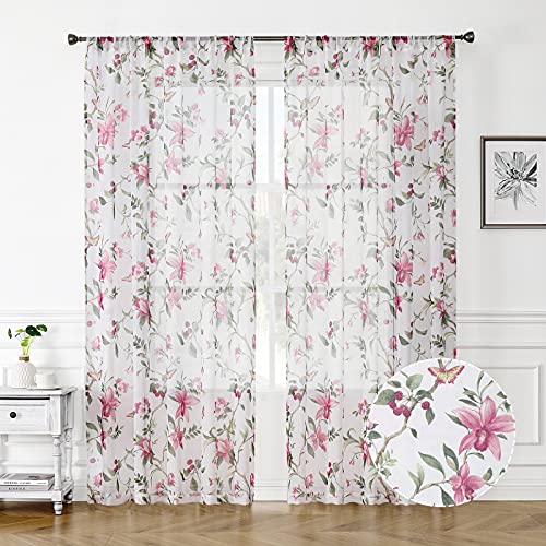 Tollpiz Lot de 2 Rideaux Voile Transparents à Motif Floral Rose Cerisier et Papillons pour Chambre à Coucher, Voilage Aspect Lin Blanc pour le Salon, 137,2 x 241,3 cm