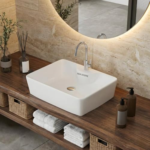 Image of Premium Ceramic Bathroom Wash Basin, White Table Top Vanity Sink for Countertop Installation, Hotel & Home Washrooms, 19 x 14 x 5 Inch