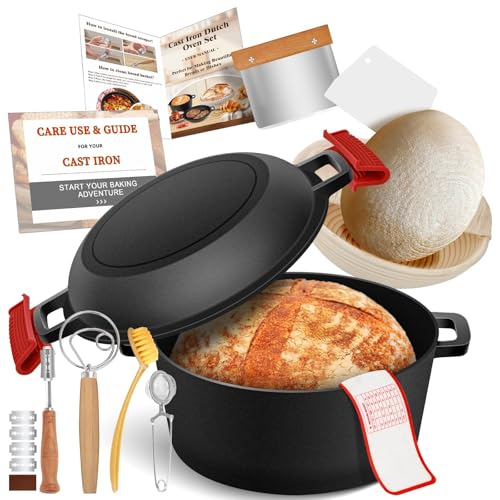 NZQXJXZ Żeliwny garnek Dutch Oven do pieczenia chleba, 26 cm, forma do pieczenia chleba z bannetonem, koszyk do pieczenia chleba, akcesoria 2 w 1, garnek do pieczenia chleba z pokrywką na patelnię