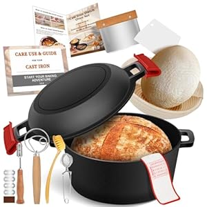 NZQXJXZ Banneton – Pentola in ghisa olandese per la cottura del pane, cestino per lievitazione del pane a lievitazione naturale, 2 in 1, pentola olandese con coperchio per padella, manici per padella