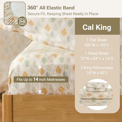 Image of True North by Sleep Philosophy Cozy Flannel Warm 100% Cotton Sheet - Novelty Print Animals Stars Cute Ultra Soft Cold Weather Bedding Set, Cal King, Multi Leaves 4 Piece