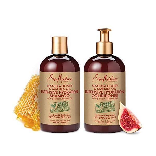 SheaMoisture-Manuka-Honey-Mafura-Oil-Intensive-Hydration-Shampoo-Conditioner-Set-of-2-13-fl-Oz-each Shea Moisture Shampoo and Conditioner Set, Manuka Honey, Mafura Oil, Baobab Oil & Fig Extract, Hydrate + Replenish, Vitamin C, Sulfate Free & Hair Color Safe, Deep Conditioning, 13 Fl Oz Ea