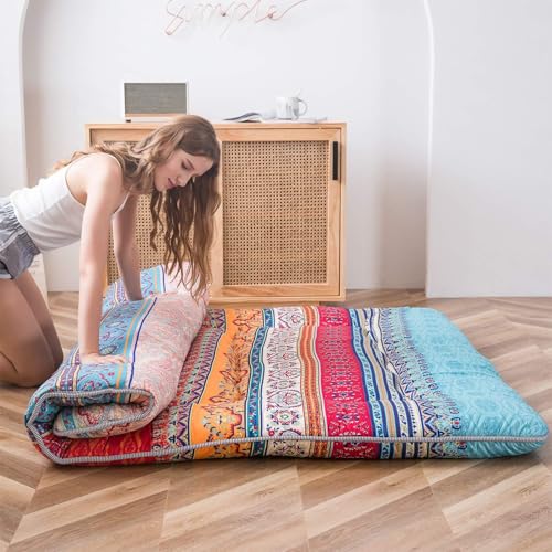 Image of MAXYOYO Bohemian Retro Mattress Boho Floral Japanese Futon Mattress Tatami Floor Mat Foldable Portable Camping, Sleeping Pad, Lounger Couch Bed Full Size