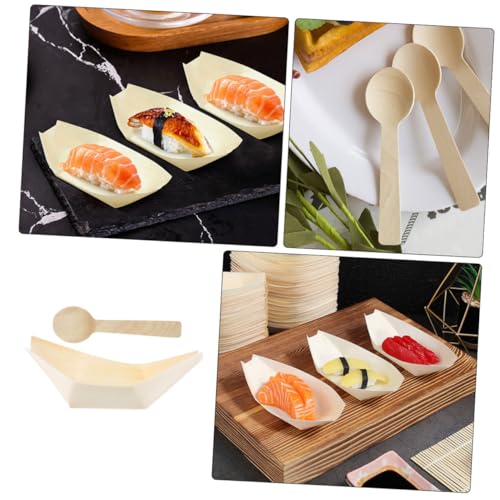 Platos desechables de madera para sushi con cucharas miniatura 7