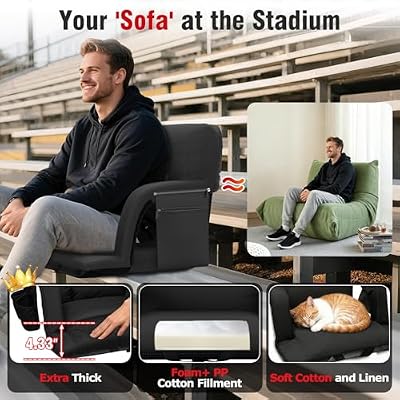 Suteck Wide Stadium Seats with Back Support 2 Pack, Portable Sofa Style Bleacher Chair with Back and Cushion, Armrest, 6 Reclining Positions Backpack Stadium Chair for Sports Events