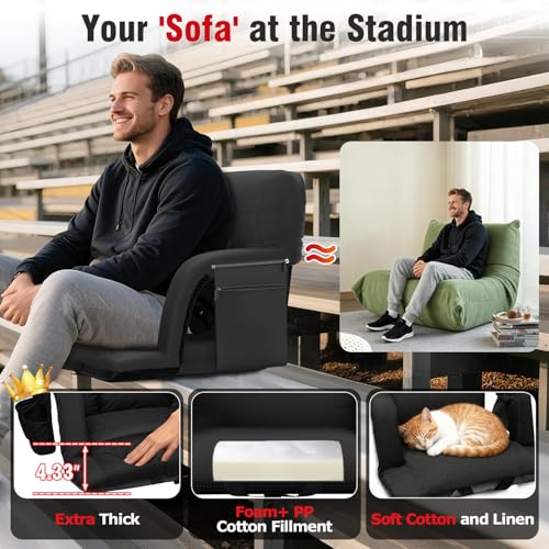 Image of Suteck Wide Stadium Seats with Back Support, Portable Sofa Style Bleacher Chair with Back and Cushion, Armrest, 6 Reclining Positions Backpack Stadium Chair for Sports Events 25-Inch Wide